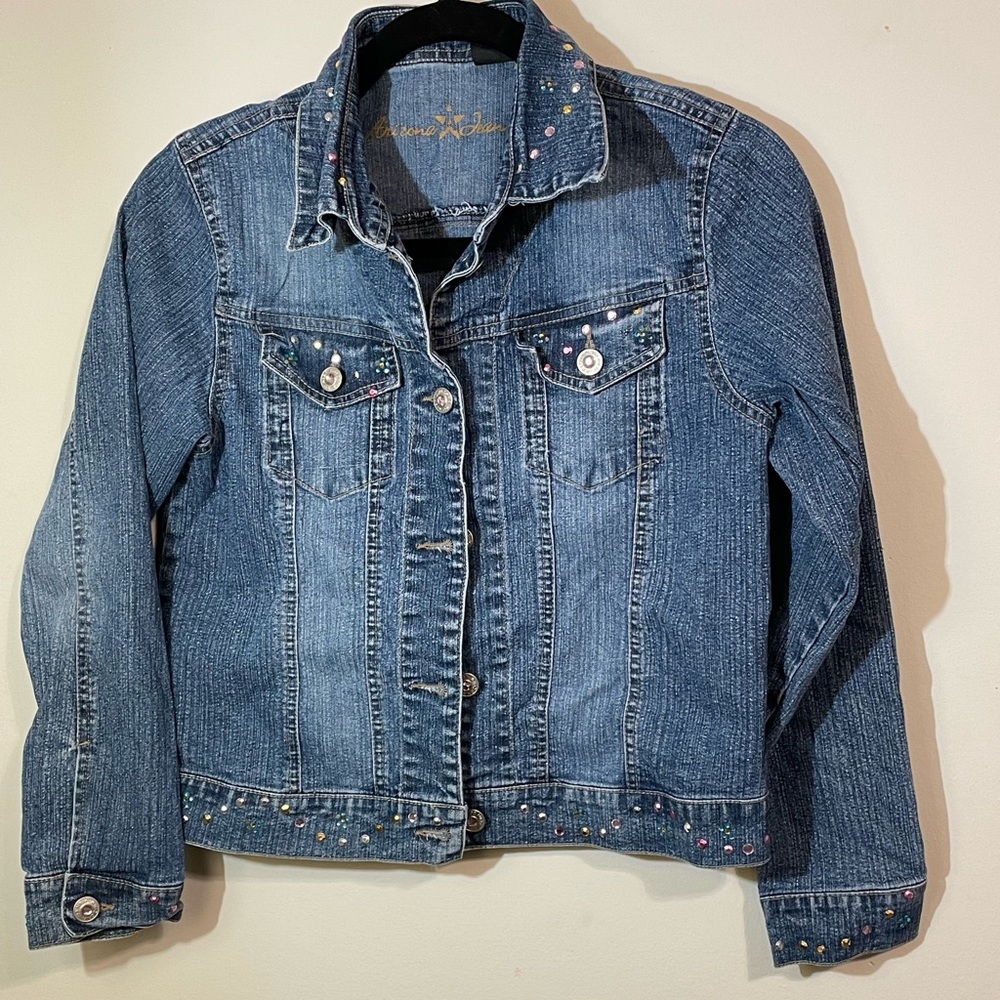 Arizona Jean Co Women’s Large Jean denim jacket w/bling front pockets adj waist